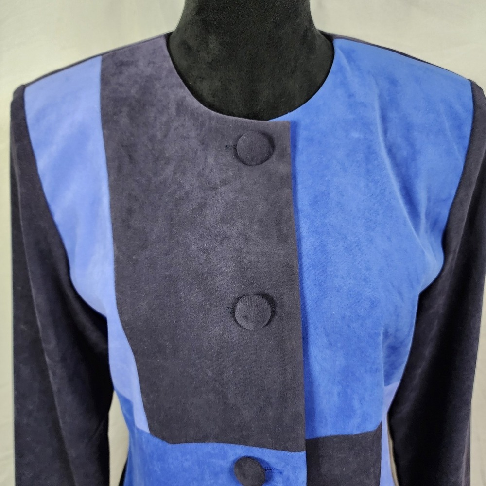 Vintage LESLIE FAY Size 8 Blue Colorblock 2pc Micro Suede Skirt Suit Collarless - Picture 7 of 14